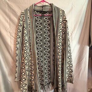 Style & Co Women’s Cardigan L Black Cream Geometric Fringe Boho